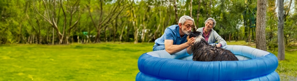 Elderly couple playing with their dog outdoors